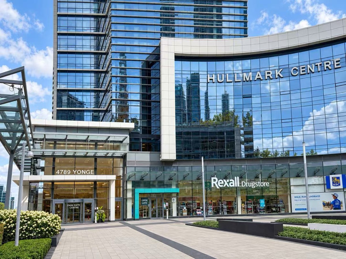 The Yonge Street entrance of the Hullmark Centre at 4789 Yonge, beside the Rexall