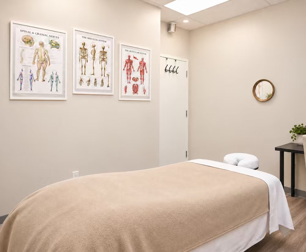 Private treatment room with a massage table and framed anatomy charts